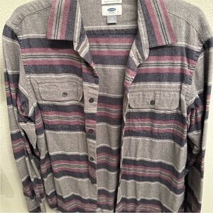 Old Navy Men's Gray Button-Down Shirt with Navy and Pink Stripes